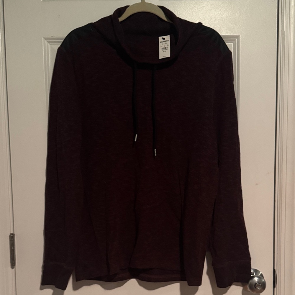 Express Men’s Burgundy Cowl Neck Sweatshirt w/ Faux Leather Shoulders & Elbows